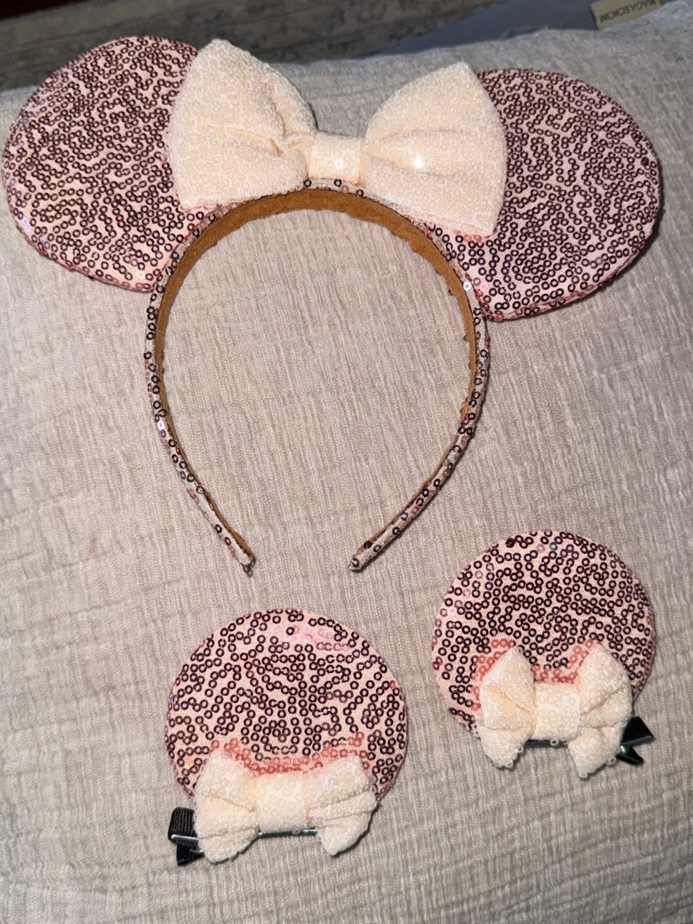 Kids Sequin Mouse Ear Headband and Clips - Pink with Cream Bows